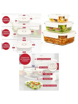 Airtight Glass Food Storage Set Small Medium Large Clip Lids & Pump
