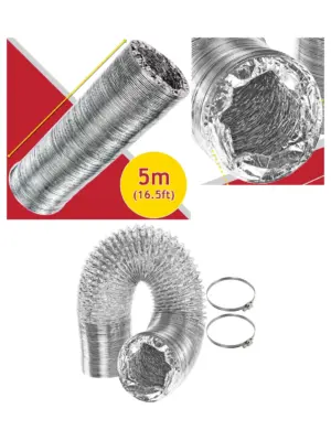 Aluminium AC Duct Vent Hose 5m x 100mm with 2 Pipe Clips
