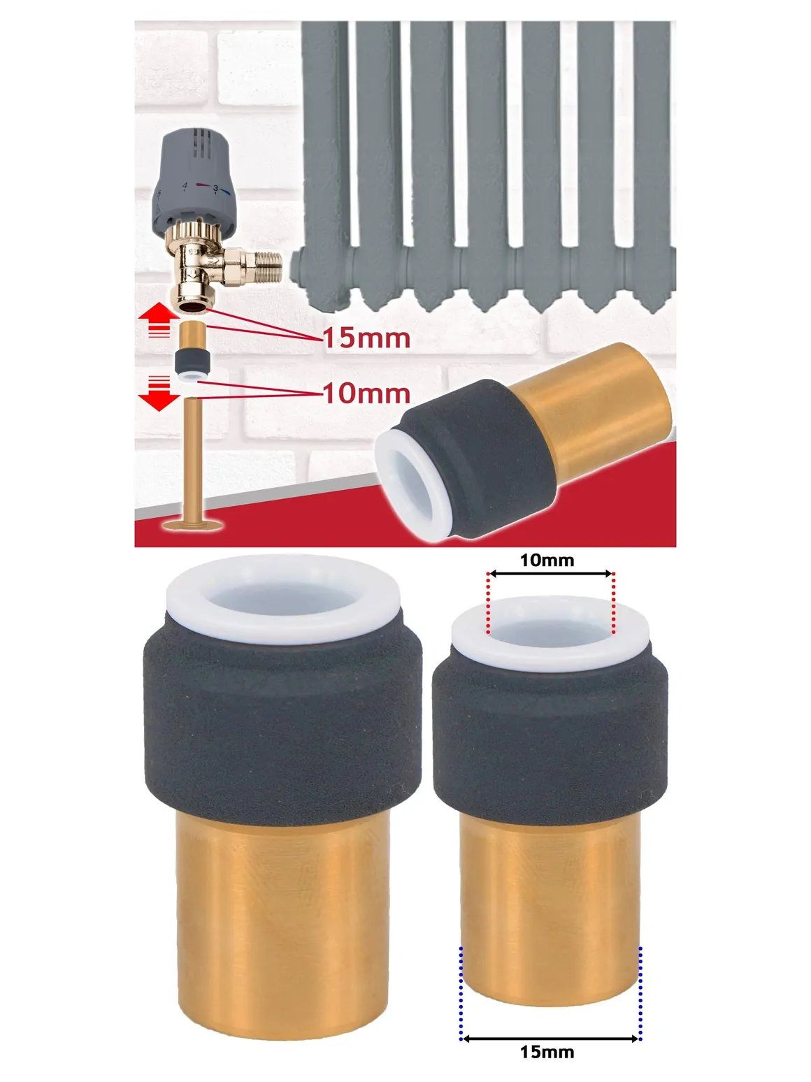 Anthracite 15mm to 10mm Push-Fit Radiator Valve - Compression Stem