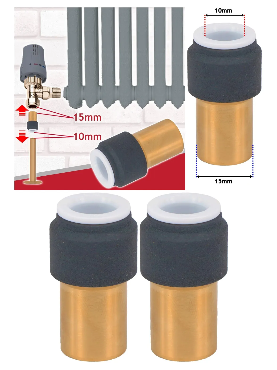 Anthracite 15mm x 10mm Push‑Fit Radiator Valve Set Reducing