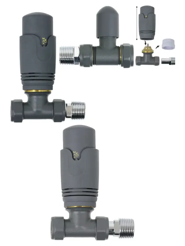 Anthracite Brass Thermostatic Radiator Valve Set – Inline 15mm x 1/2