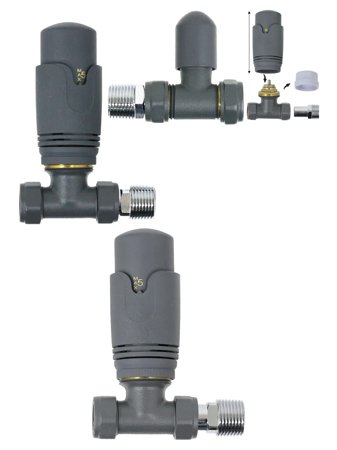 Anthracite Brass Thermostatic Radiator Valve Set – Inline 15mm x 1/2