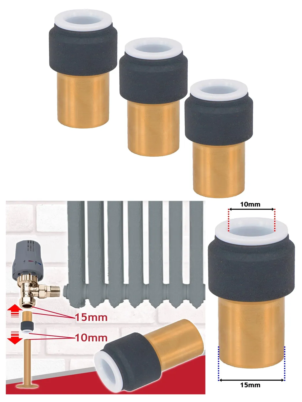 Anthracite Push‑Fit Radiator Valve 15mm to 10mm Compression Set of 3