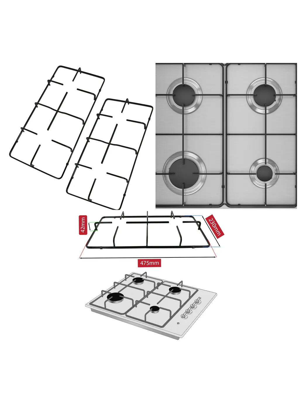 Beko Belling Gas Cooker Hob Pan Grate Support 475x230mm 2 pcs