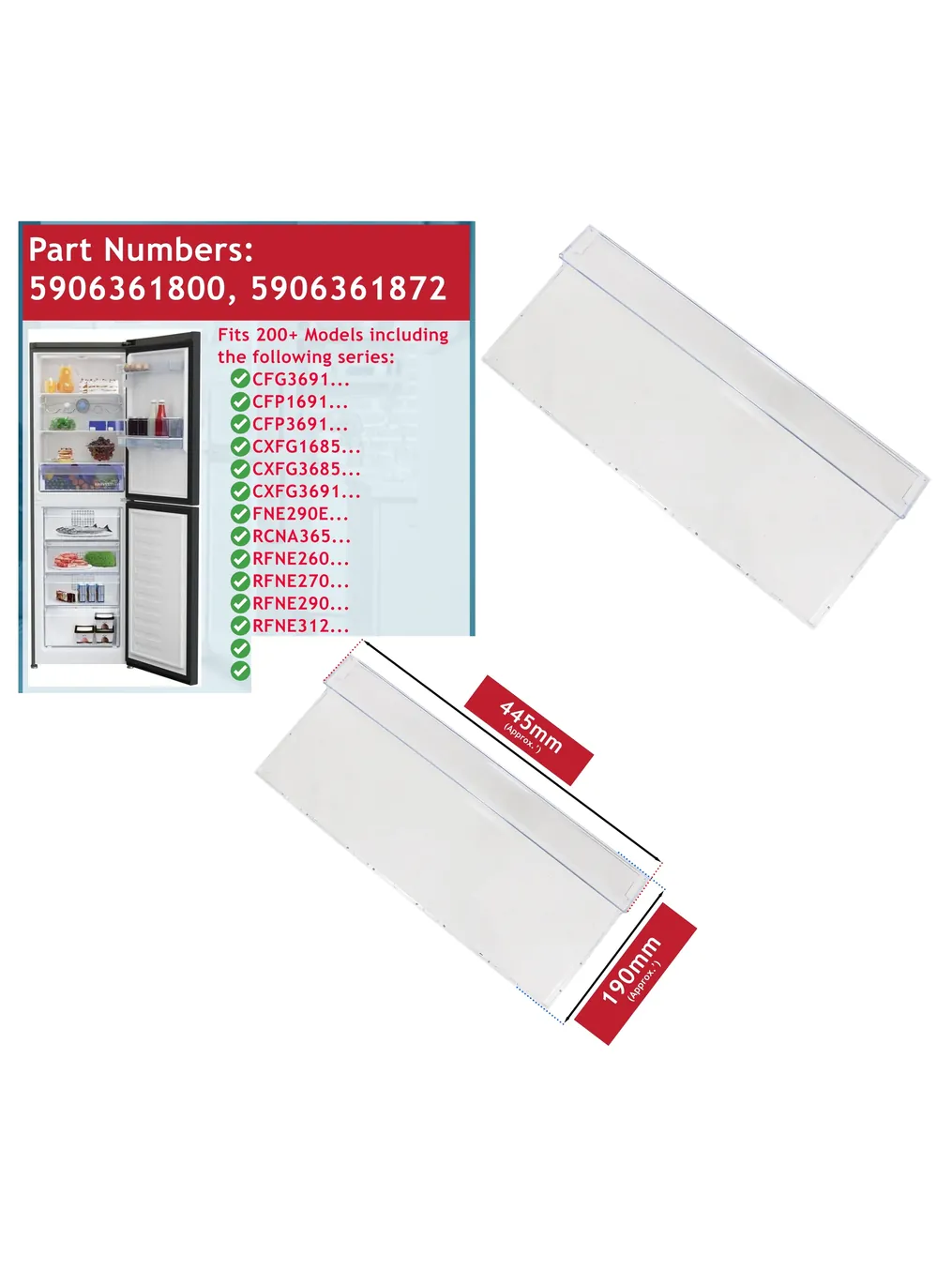 Beko Freezer Drawer Handle Cover 445x190mm - 5906361800/5906361872