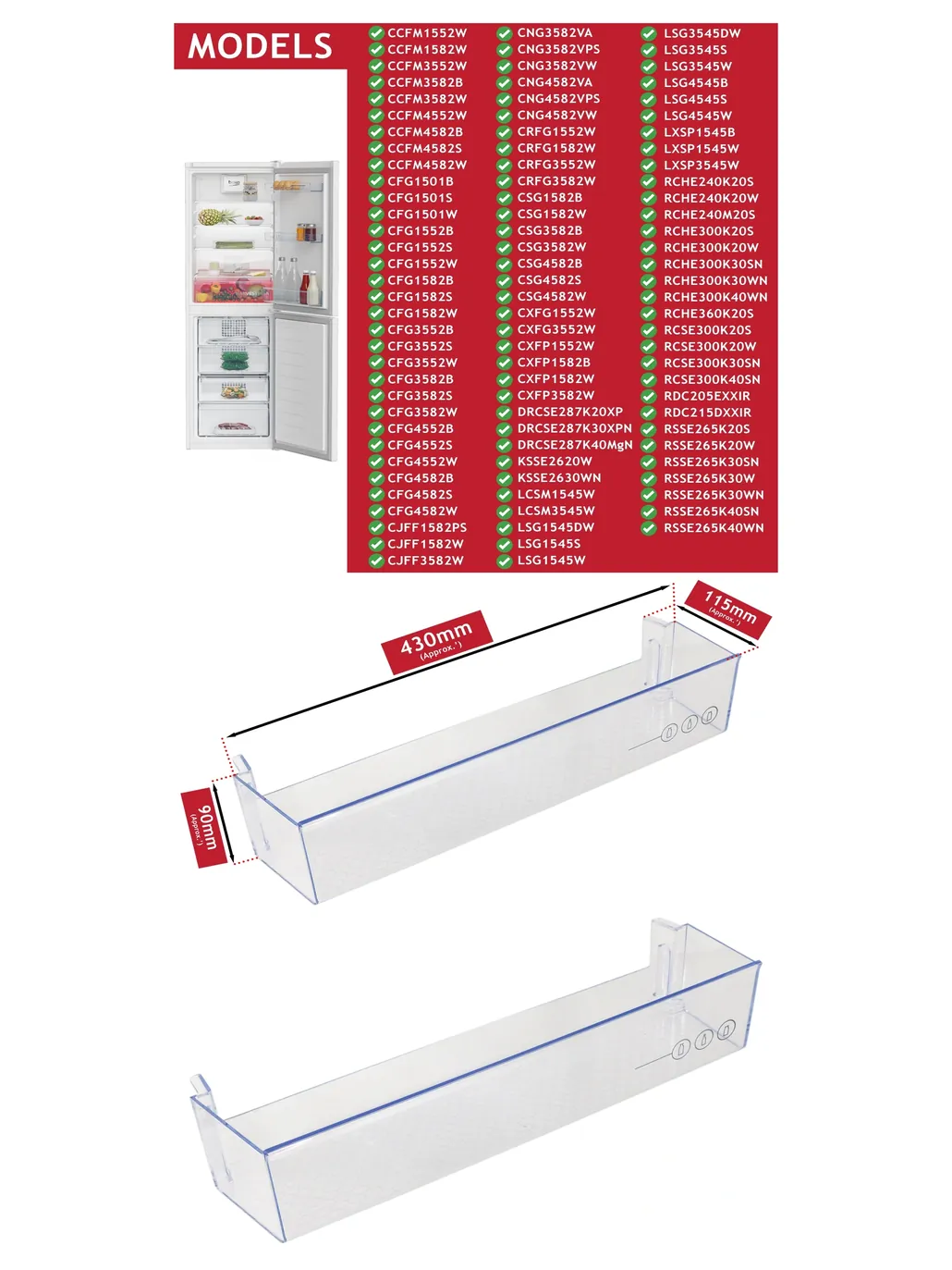 Beko Fridge Door Bottle Shelf Rack 430×115×90 mm 5928630700