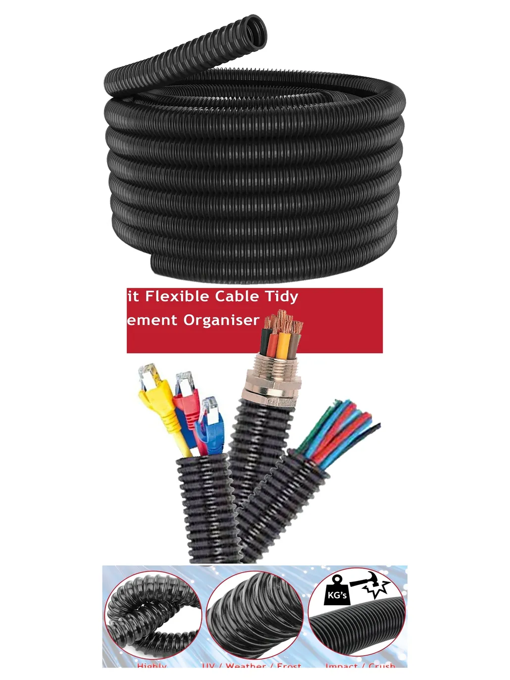 Black 10m Flexible 51mm Cable Sleeve – Wire Organizer
