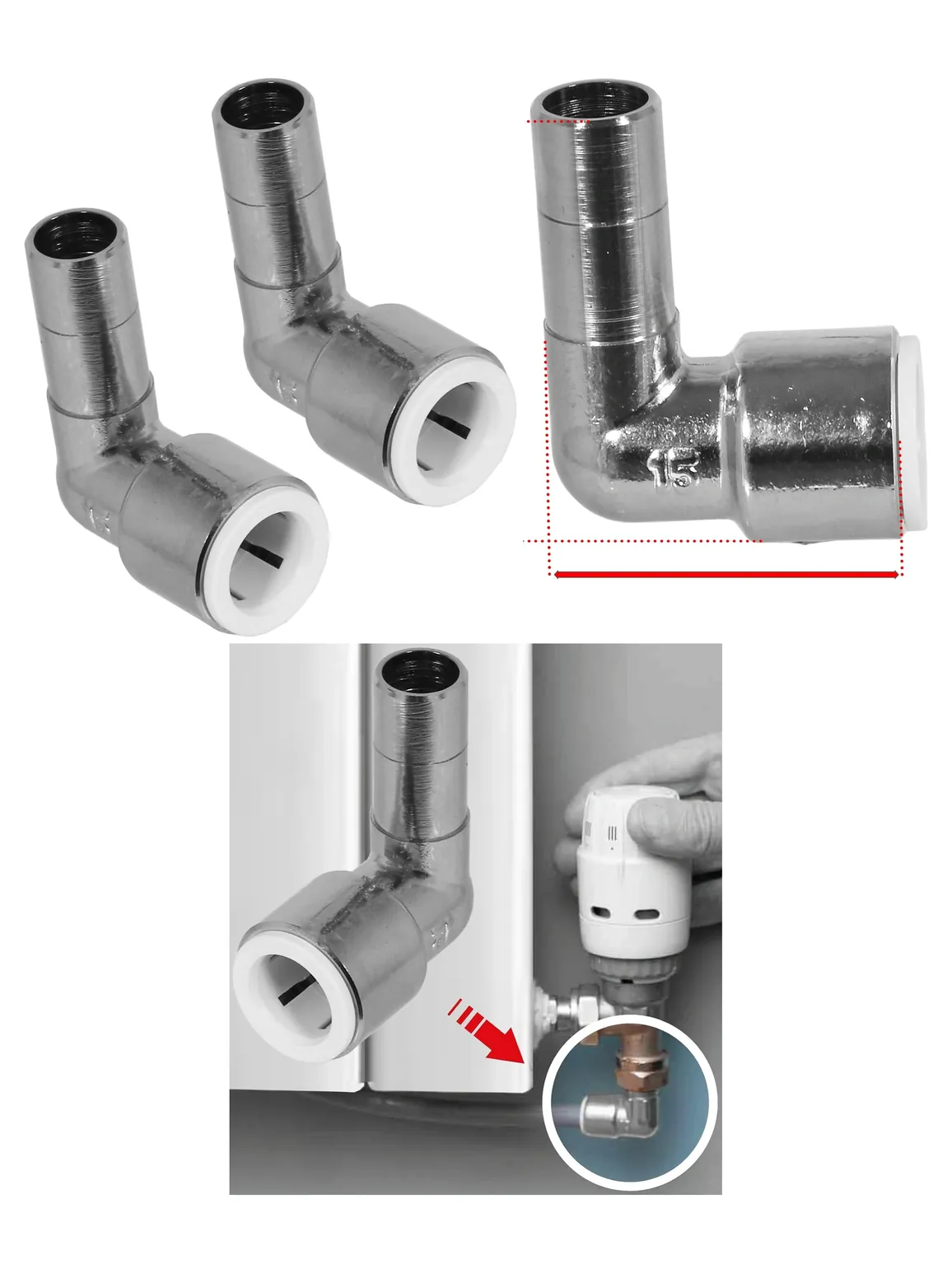 Black 15mm Push‑Fit Radiator Valve Pair – Reducing Elbow & Compression