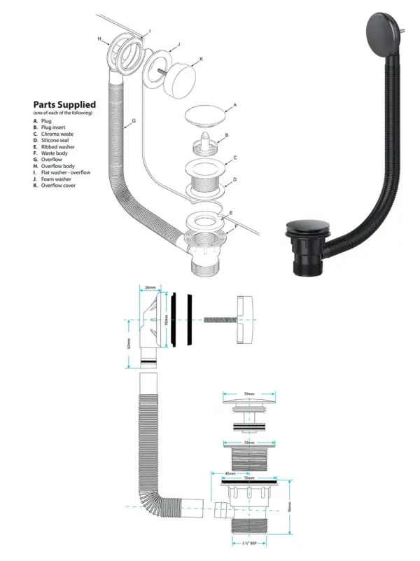 Black 40mm Clicker Bathroom Waste Plug with Overflow 1.5" Combo