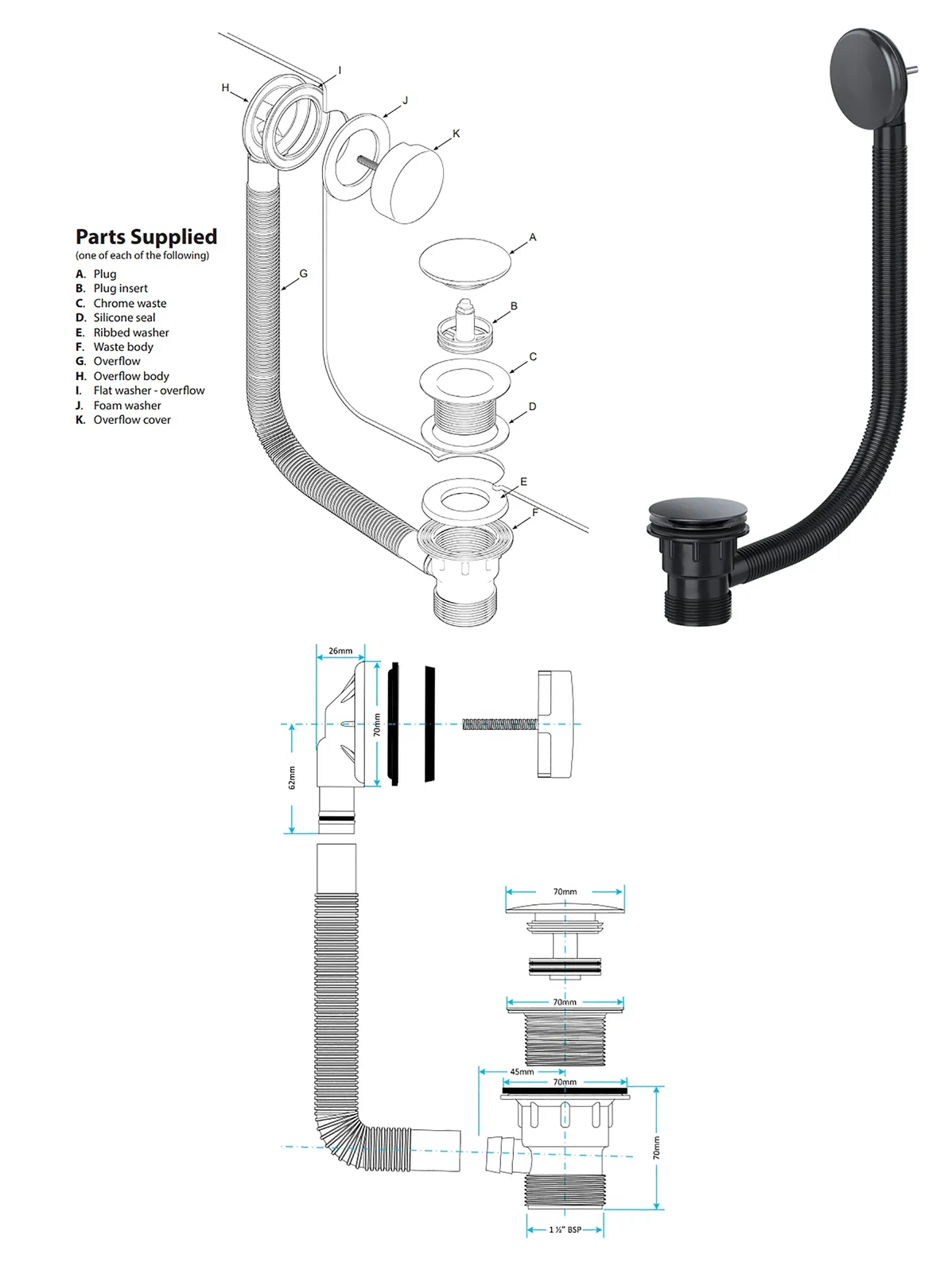 Black 40mm Clicker Bathroom Waste Plug with Overflow 1.5" Combo