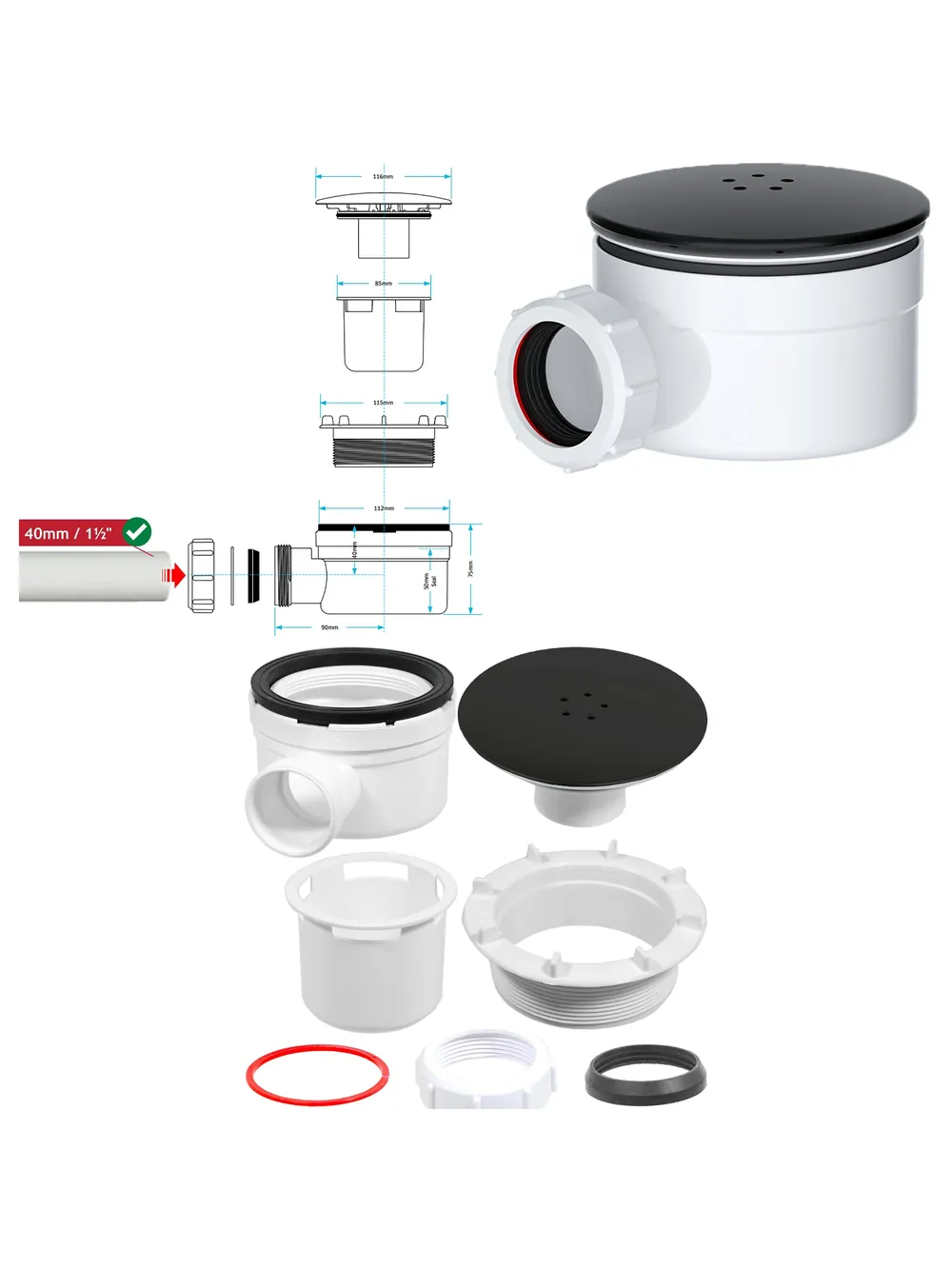 Black 90mm Shower Drain Trap Kit with 1.5in Dome Waste Base