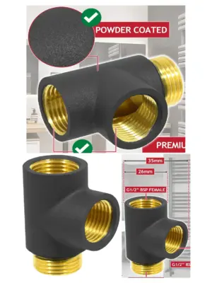 Black G1/2 Dual-Fuel T-Piece Adapter for Towel Radiator Heating Element