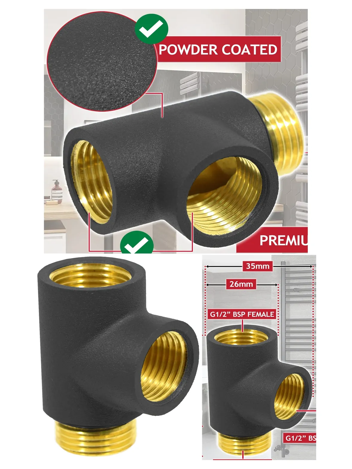 Black G1/2 Dual-Fuel T-Piece Adapter for Towel Radiator Heating Element