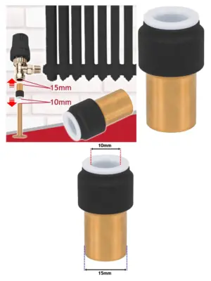 Black Push‑Fit Radiator Valve 15mm to 10mm Straight Compression