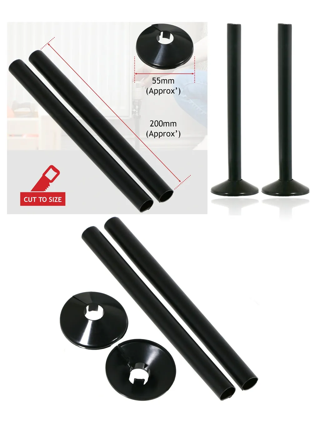 Black Radiator Pipe Cover Sleeve 15mm x 200mm