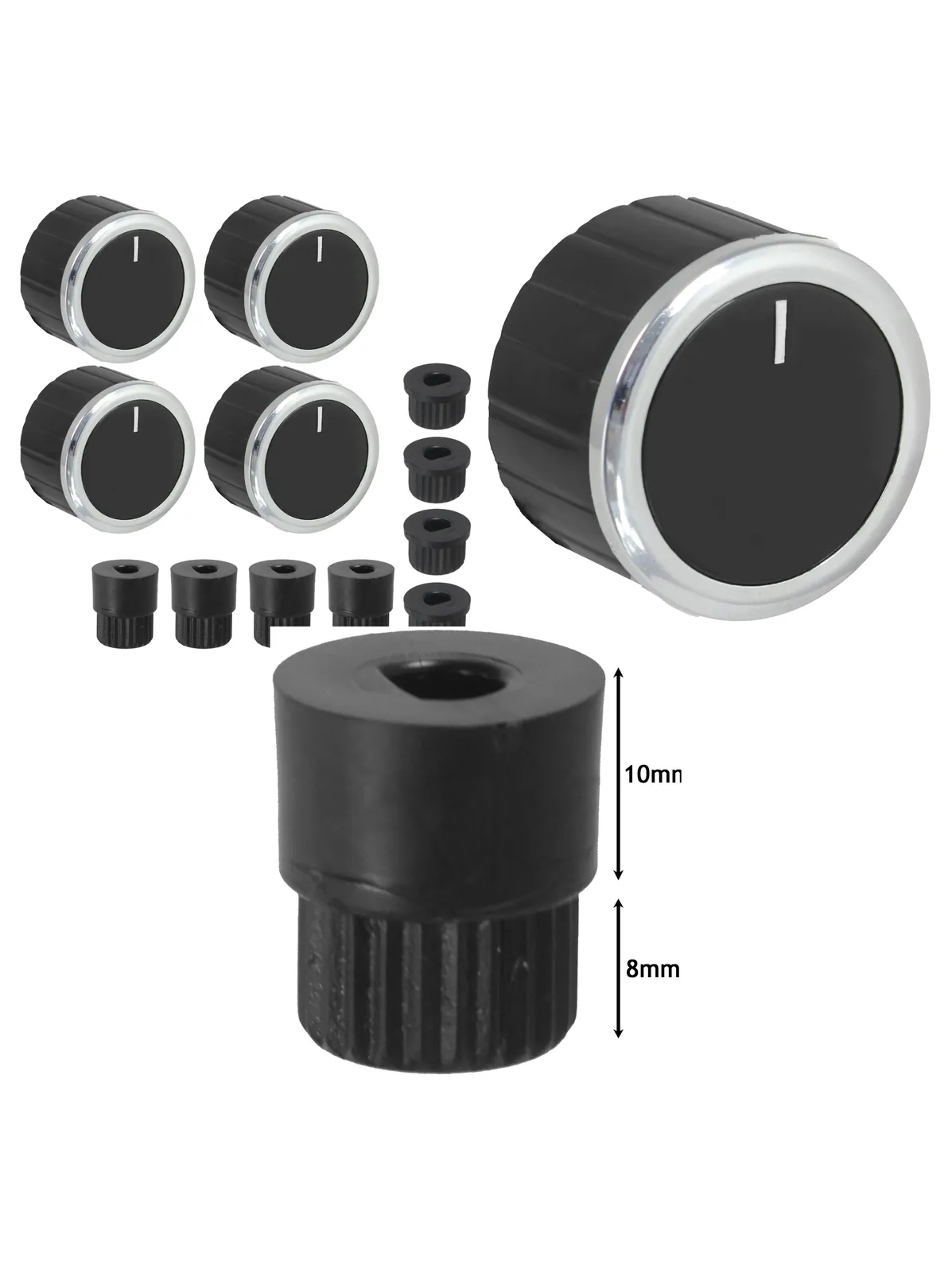 Black Universal Oven Knob & Adapter Set - 4 for Cooker, Grill & Hob