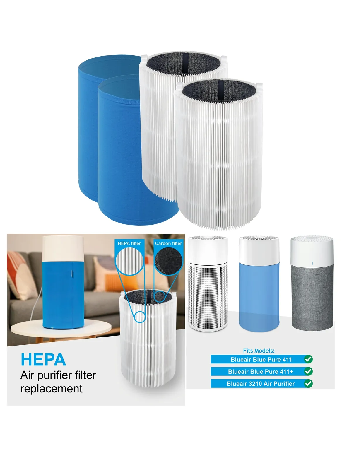 Blueair Blue Pure 411/3210/Joy S Filter Kit – HEPA & Carbon