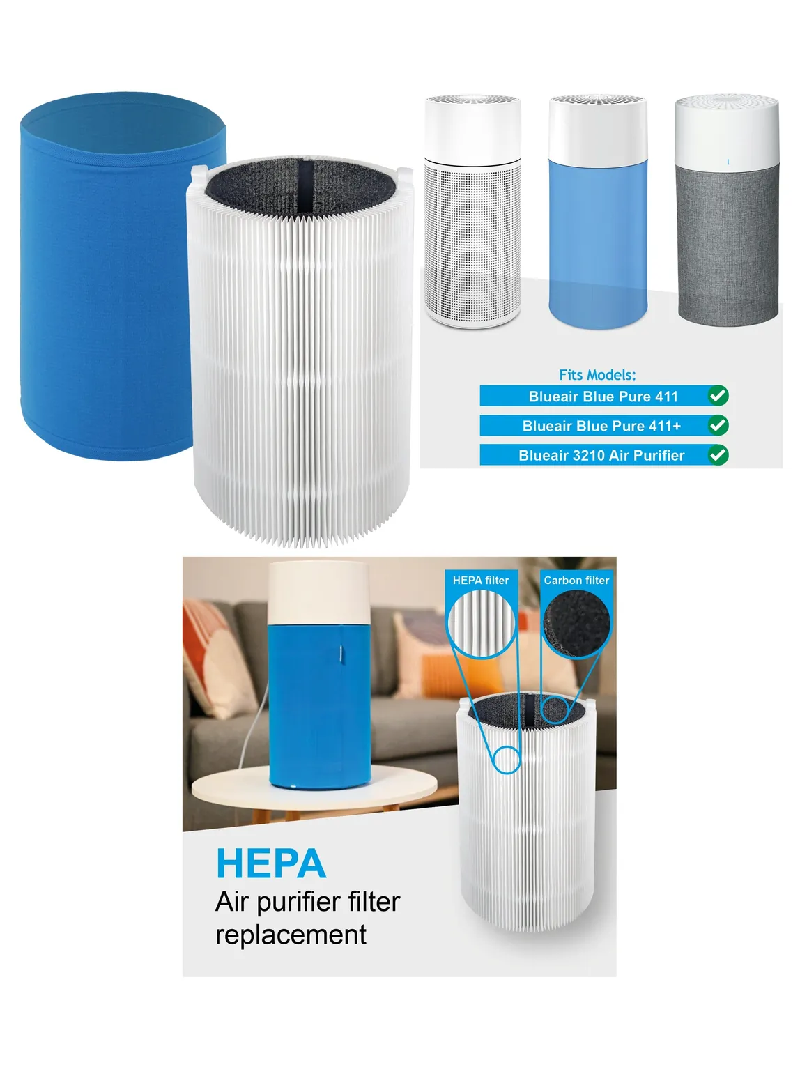 Blueair Filter Kit – HEPA + Carbon Replacement for Blue Pure 411/3210