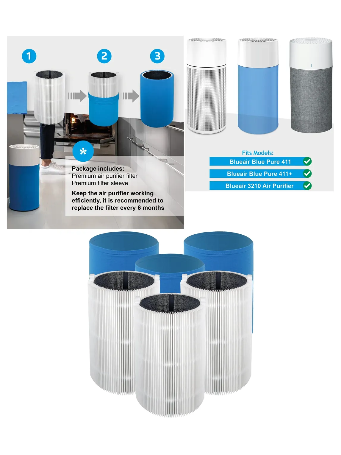 Blueair HEPA Carbon Filter Kit for Blue Pure 411/3210 & Joy S 3-Pack