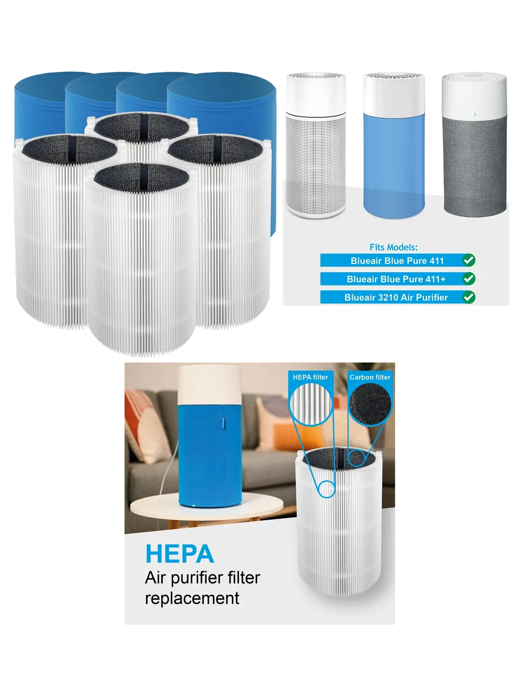Blueair HEPA & Carbon Filter Kit for Blue Pure 411/3210 & Joy S 4 Pack