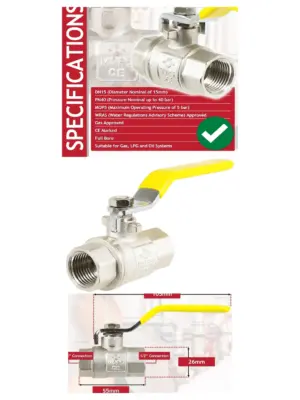 Brass 1/2" PN40 Lever Ball Valve, Yellow Handle, Female-Female Gas Shutoff