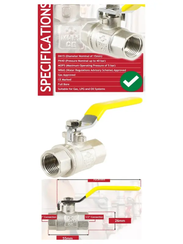 Brass 1/2" PN40 Lever Ball Valve, Yellow Handle, Female-Female Gas Shutoff