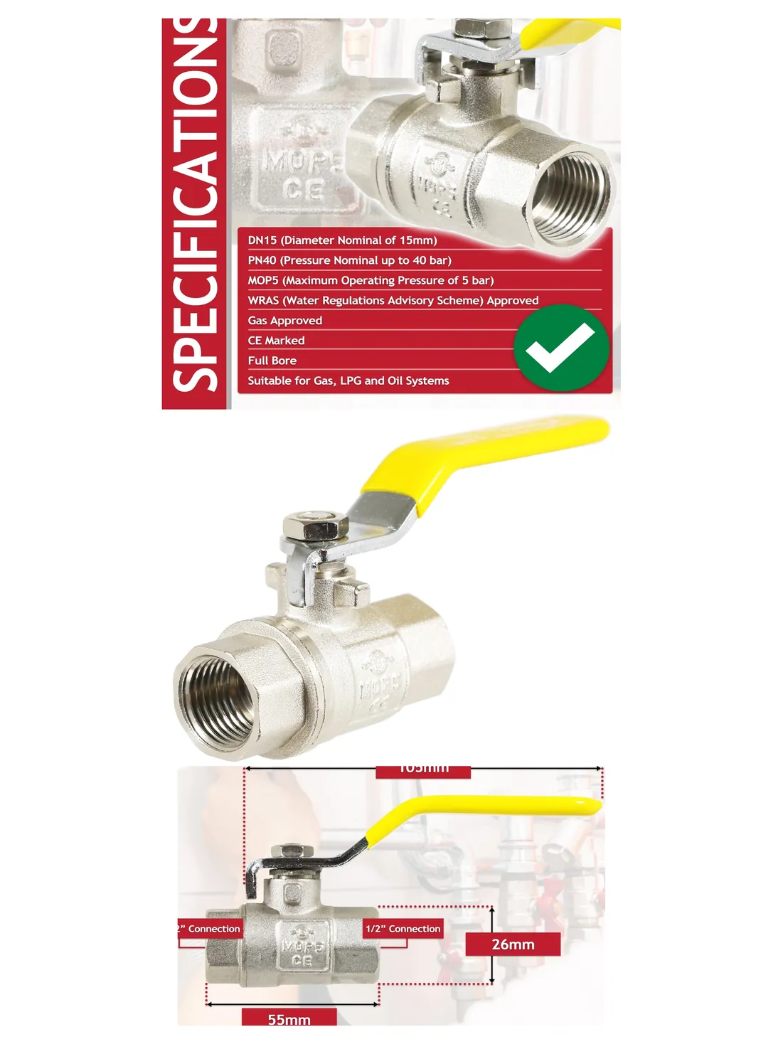 Brass 1/2" PN40 Lever Ball Valve, Yellow Handle, Female-Female Gas Shutoff