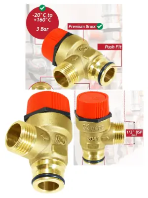 Brass 3 Bar Boiler Pressure Relief Valve – 1/2" BSP Male Push‑Fit PRV
