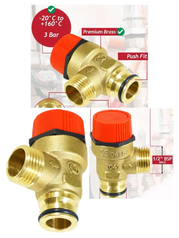 Brass 3 Bar Boiler Pressure Relief Valve – 1/2" BSP Male Push‑Fit PRV