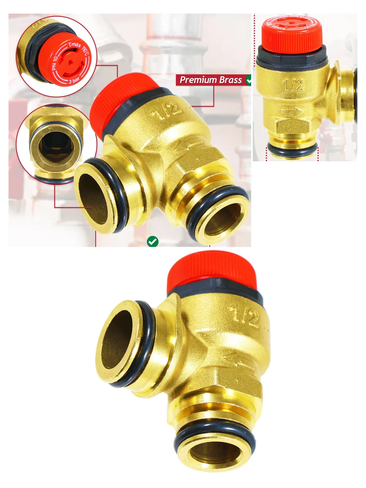 Brass 3 Bar Boiler Relief Valve 1/2 BSP Push‑Fit PN10 Safety PRV