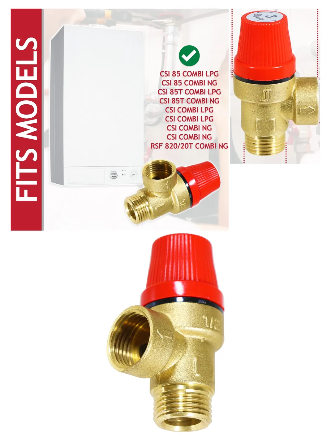 Brass 3 Bar PRV for Ravenheat CSI‑85/85T Boiler, 1/2 BSP Male‑Female