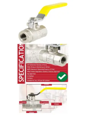 Brass PN40 1/4" Lever Valve – Yellow Handle Female-Female Gas Shutoff