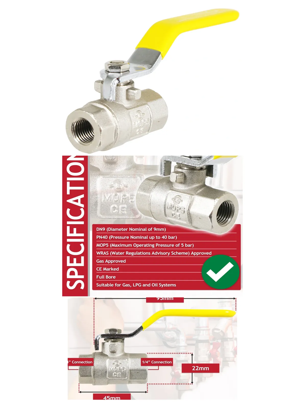 Brass PN40 1/4" Lever Valve – Yellow Handle Female-Female Gas Shutoff