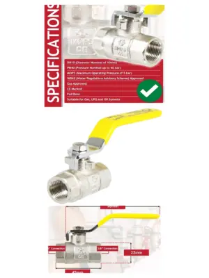 Brass PN40 3/8" Gas Ball Valve with Yellow Lever – Female/Female