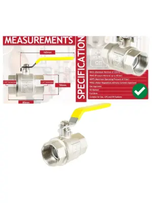 Brass PN40 Full Bore Lever Ball Valve, Yellow Handle, 1‑1/4" Female‑Female