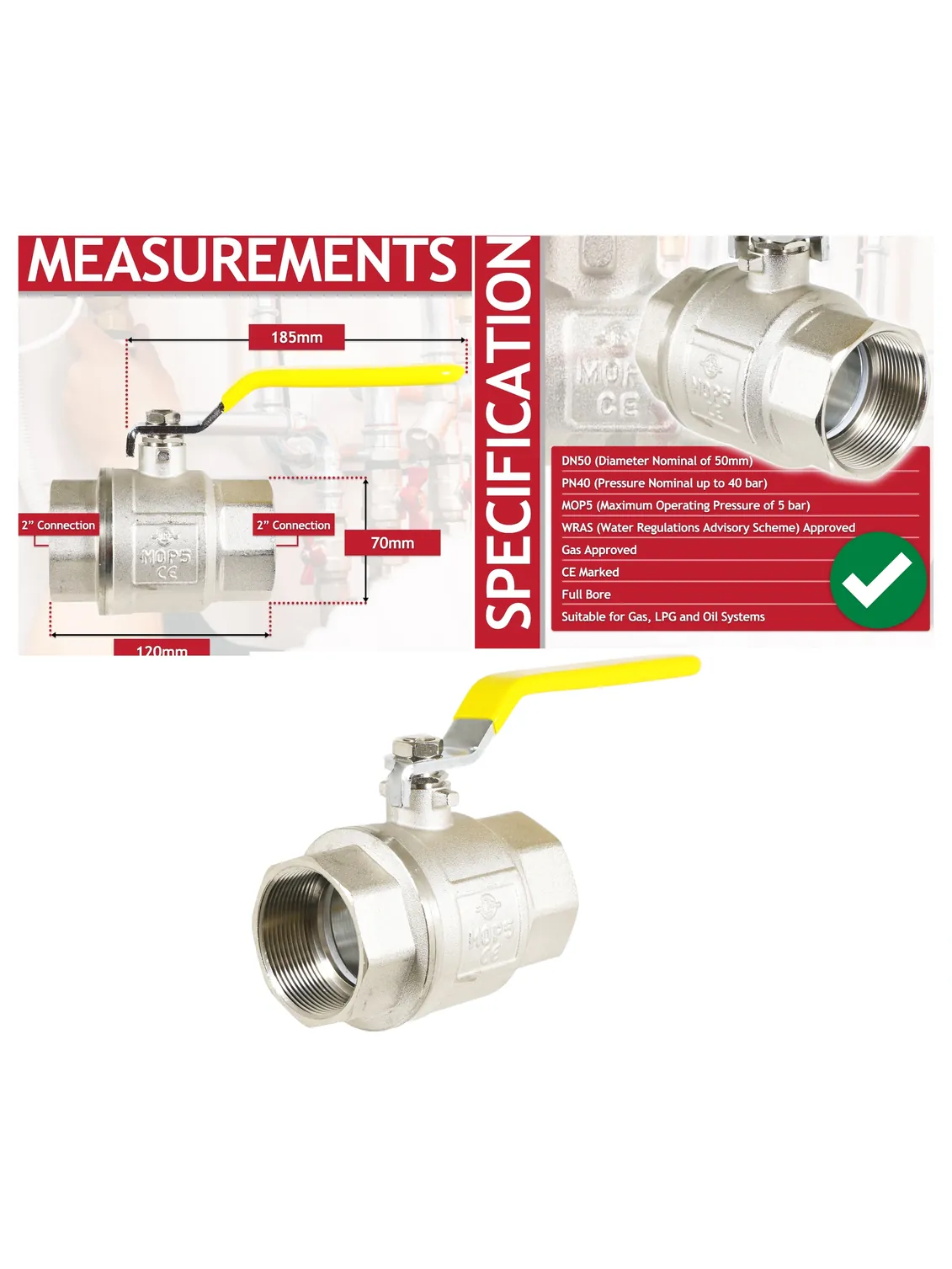 Brass PN40 Lever Ball Valve – Yellow Handle, Female-Female Gas Shutoff