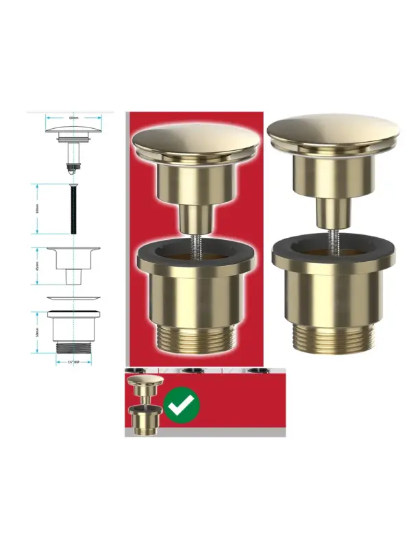Brushed Brass 60mm Pop-Up Sink Waste Plug – Click-Clack Push Dome