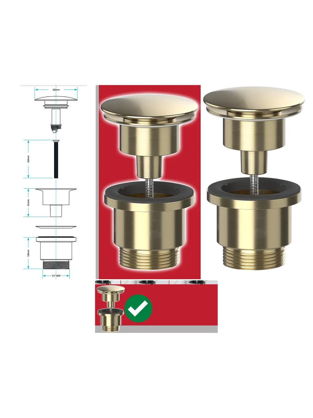 Brushed Brass 60mm Pop-Up Sink Waste Plug – Click-Clack Push Dome