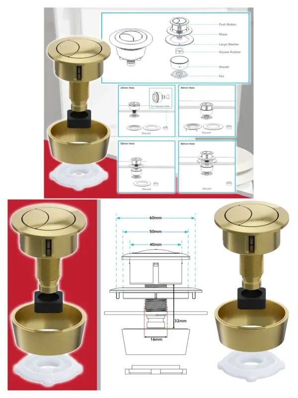 Brushed Brass Dual-Flush Toilet Cistern Push Button – Fits 20‑60mm