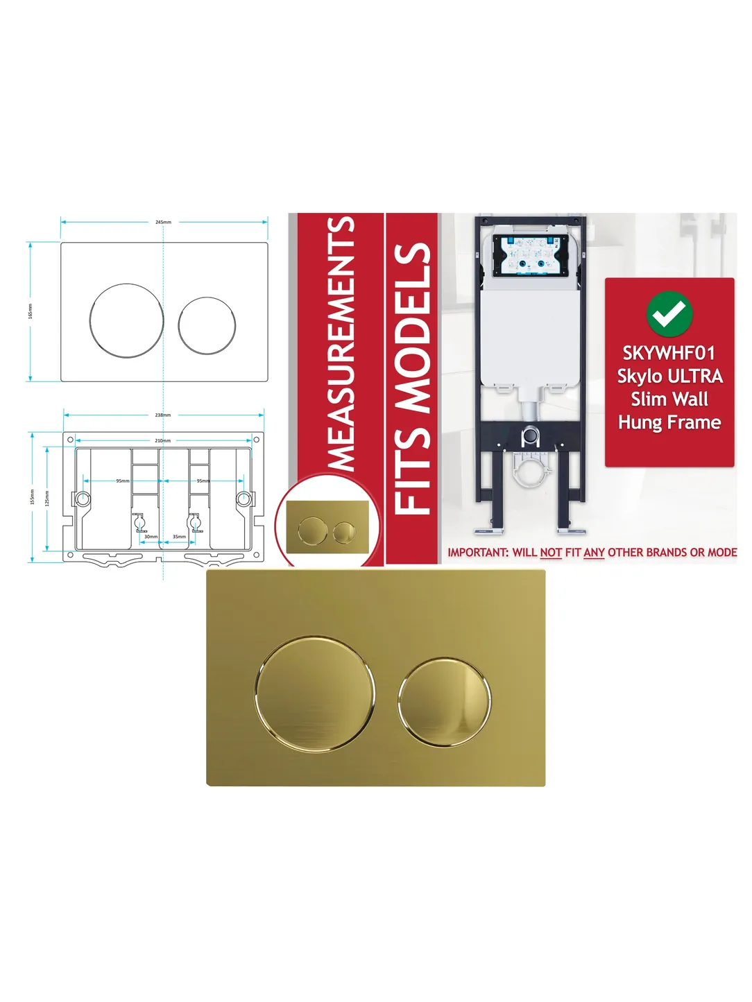 Brushed Brass Flush Plate Kit for Skylo Wall‑Hung Toilet 245x165mm