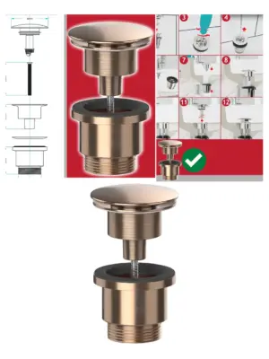Brushed Copper 60mm Pop‑Up Sink Stopper – Click‑Clack Push Dome