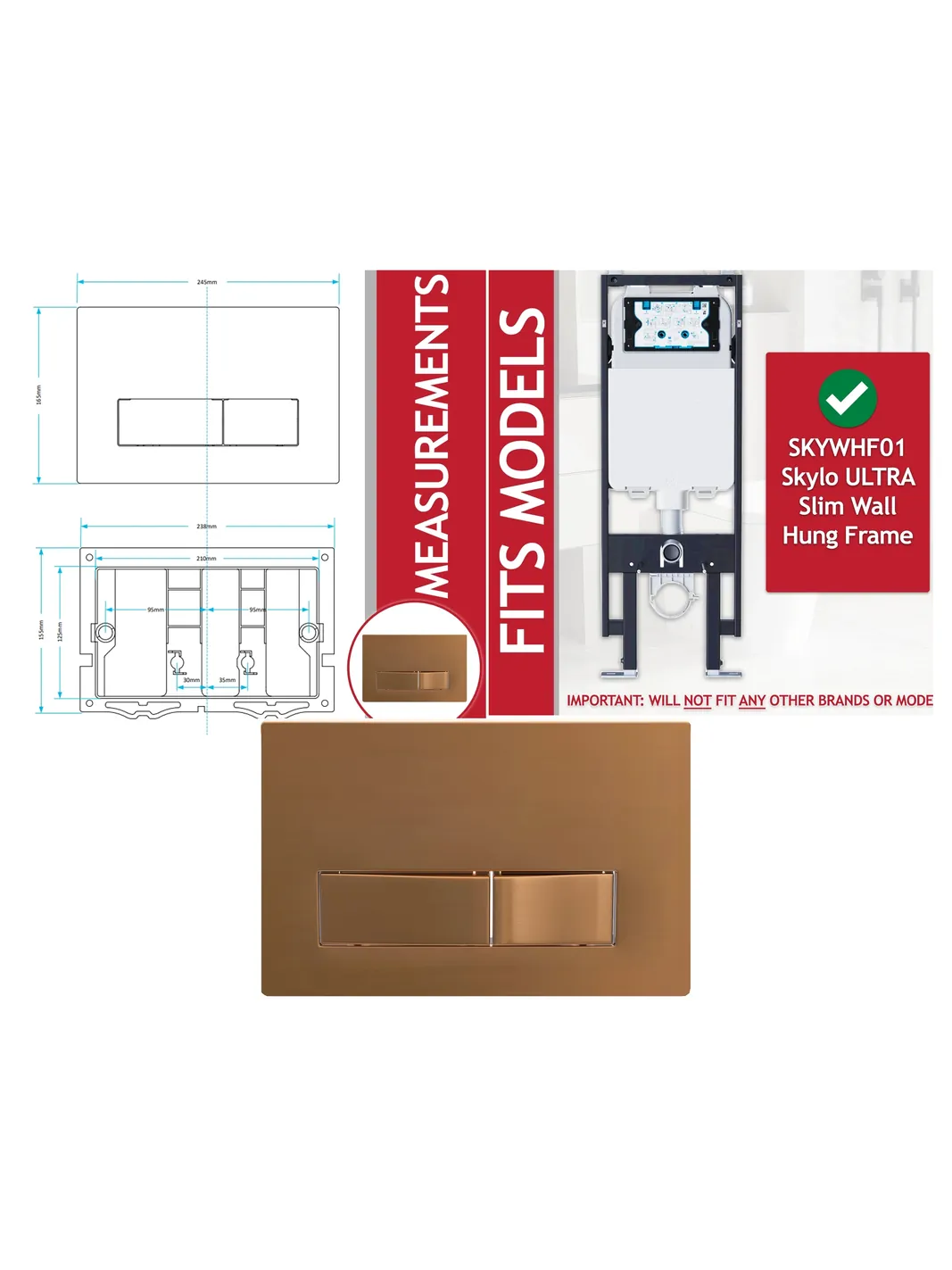 Brushed Copper Flush Plate Kit for Skylo Wall Hung – 245×165 mm