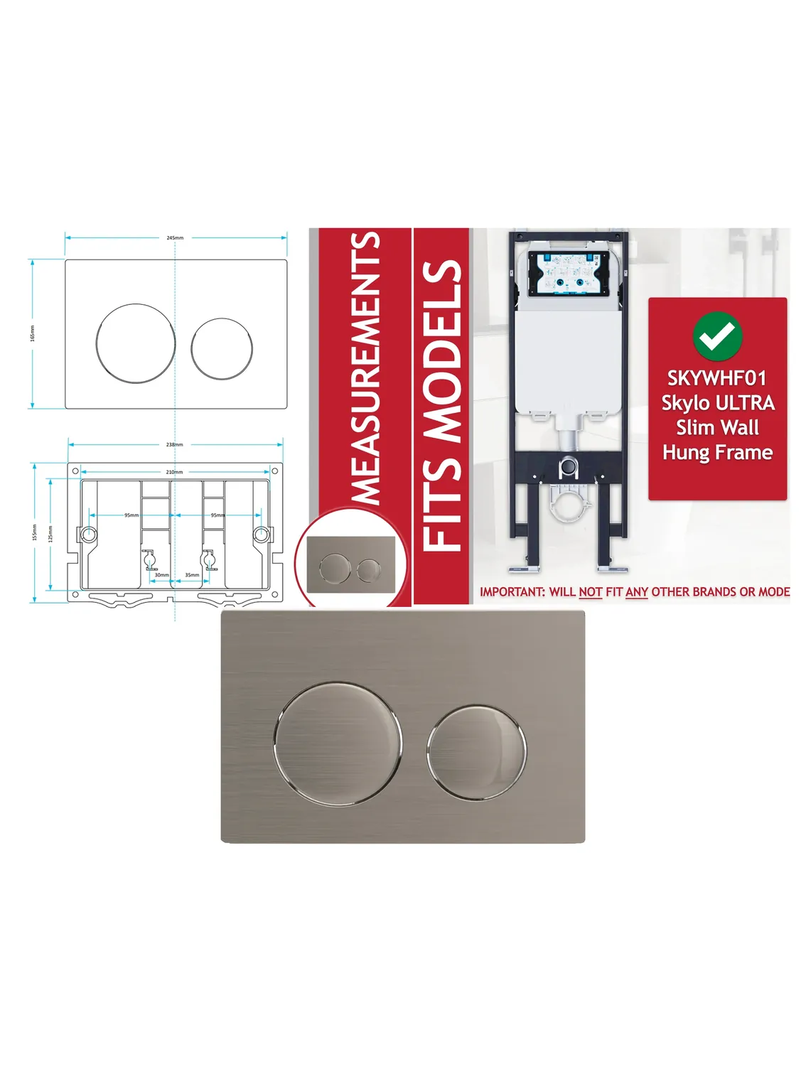 Brushed Nickel Flush Plate Kit for Skylo Wall‑Hung Toilet 245×165mm