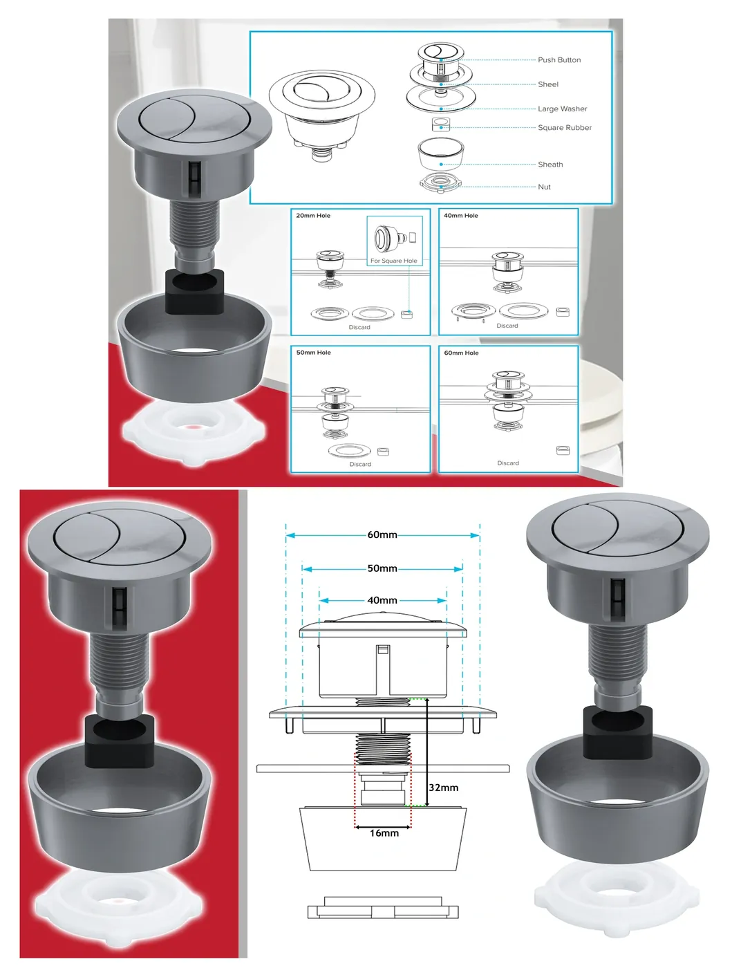Brushed Nickel Universal Dual Flush Toilet Button Kit – Fits 20‑60mm