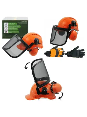 Chainsaw Safety Helmet with Mesh Visor, Ear Muffs & Protective Gloves