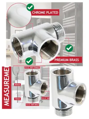 Chrome Dual-Fuel T-Piece Adapter for Towel Radiator Element