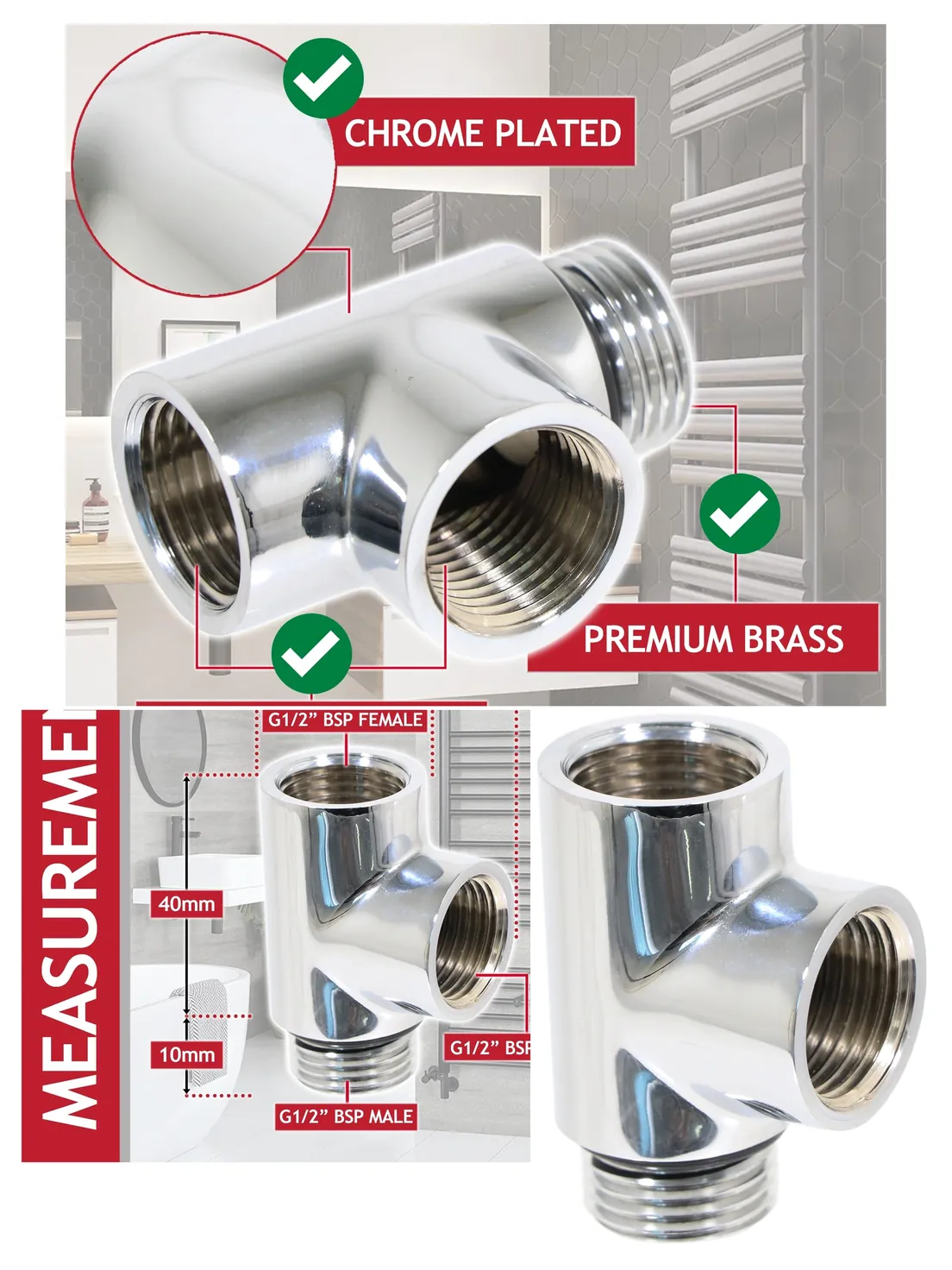 Chrome Dual-Fuel T-Piece Adapter for Towel Radiator Element