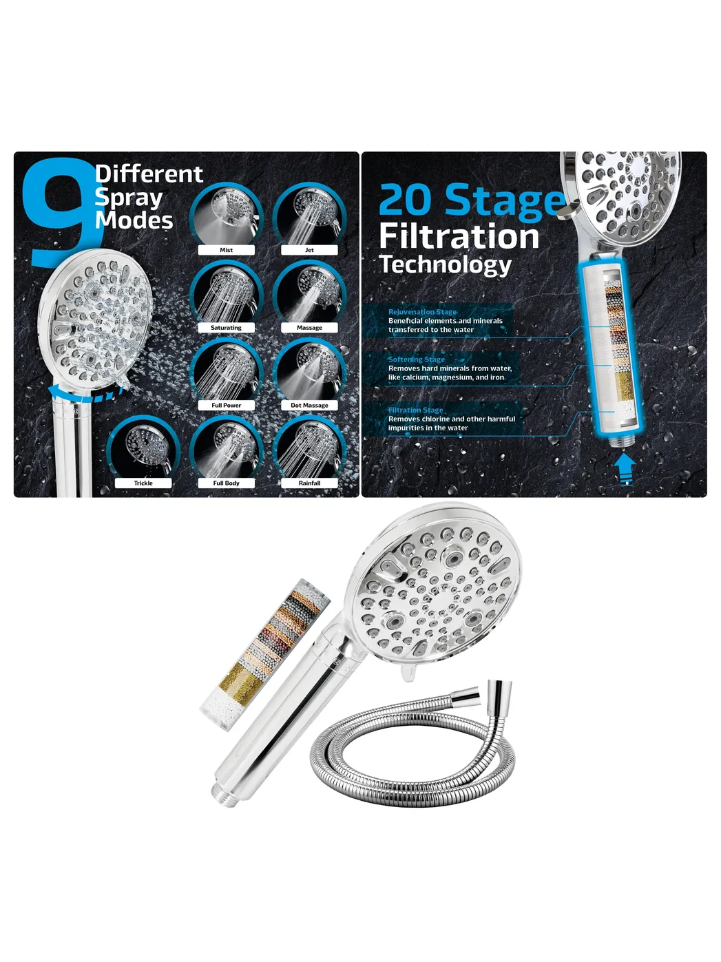 Chrome Filtered Shower Head with Hose – 9 Spray Modes