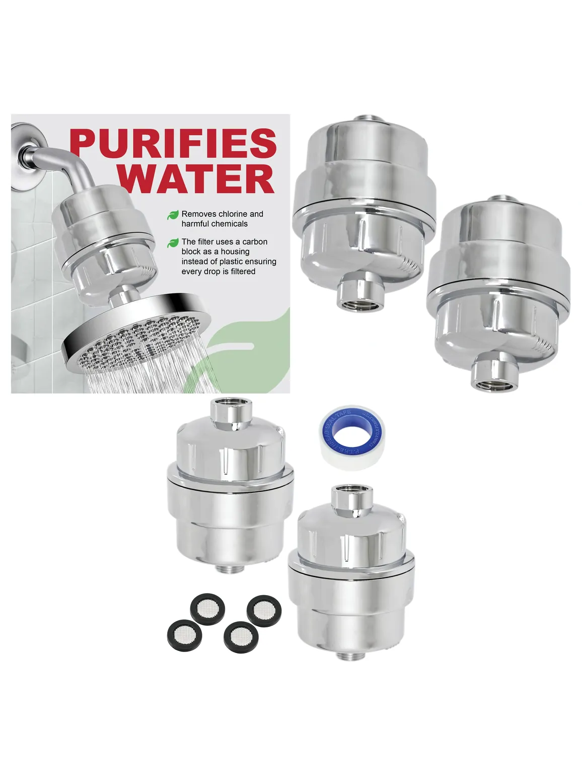 Chrome Finish Universal Shower Filter - Hard Water Softener, 2-Pack