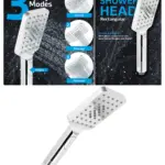 Chrome Rectangular Shower Head 1/2” Fit, Large Coverage, 3 Spray Modes